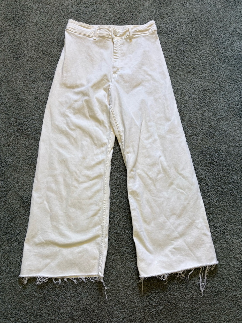 Zara Marine Straight White High Waist Wide Leg Jeans Raw Hem Womens Size 12 US
